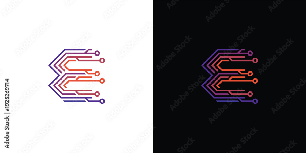 Fototapeta premium The letter 'E' logo is formed from digital circuit lines on a white or black background. It represents electronics, engineering, energy, efficiency, and the digital age.