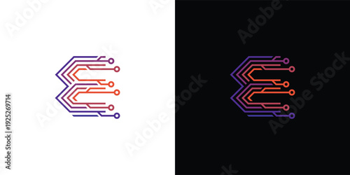 The letter 'E' logo is formed from digital circuit lines on a white or black background. It represents electronics, engineering, energy, efficiency, and the digital age.