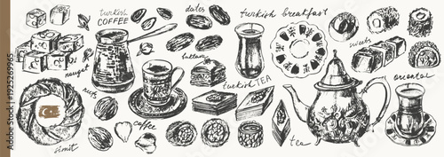 Traditional Turkish tea and coffee ink sketches set. Teapot, glass, cup, dates, nuts, sweets, baklava, locum, nougat. For food background, cafe menu