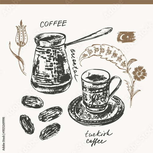 Traditional Turkish coffee ink sketches set. Coffee pot, glass, dates. For food background, cafe menu