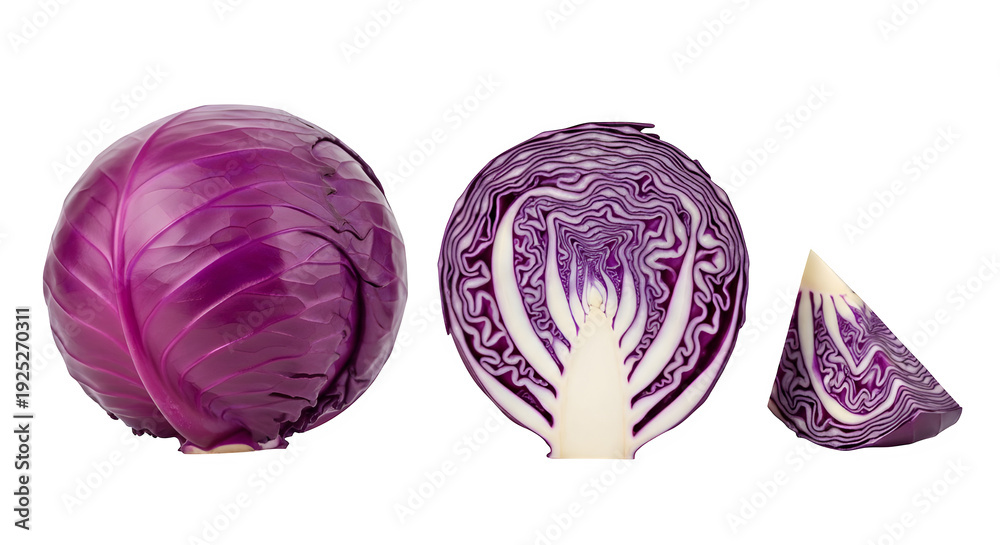 Fototapeta premium Fresh red cabbage whole and sliced pieces