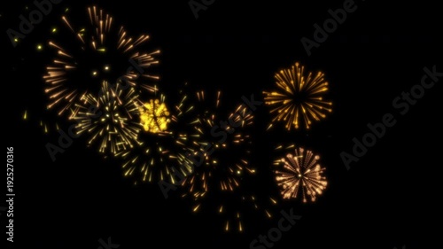 Golden Digital Fireworks Loop on Black Background, Elegant Particle Burst Animation, 4K Seamless