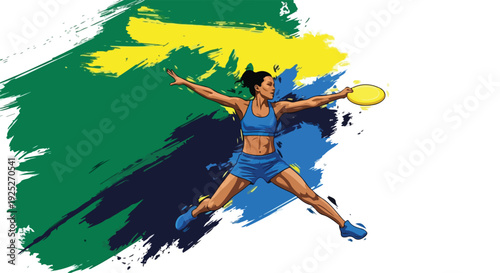 Dynamic vector illustration of a fit female athlete in blue sportswear playing ultimate frisbee, jumping and throwing a yellow disc against a vibrant green, yellow