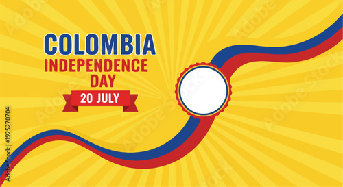 Colombia Independence Day 20 July vector background with national flag colors and sunburst pattern, ideal for patriotic celebrations and national holiday designs