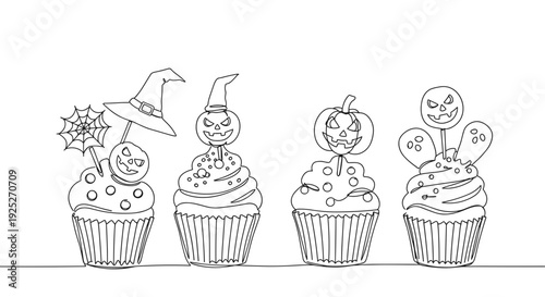 Line drawing of Halloween cupcakes with spooky decorations on a transparent background, featuring witch hats, pumpkins, and ghostly designs for festive celebrations
