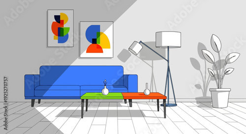 Modern minimalist living room interior with blue sofa and colorful decor.
