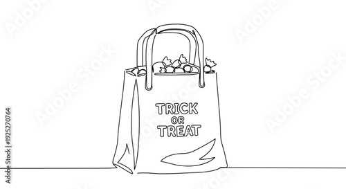 Line drawing of a Halloween trick or treat bag filled with candies on a transparent background in a simple black outline style.