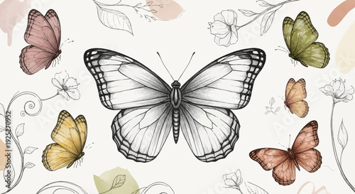 Delicate butterfly illustration surrounded by floral elements and colorful butterflies.