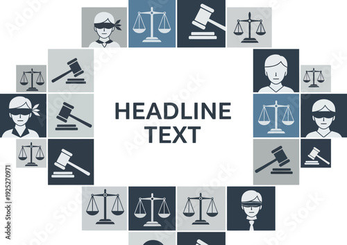 A graphic design template featuring law icons and a headline text area for legal professionals or law firms.