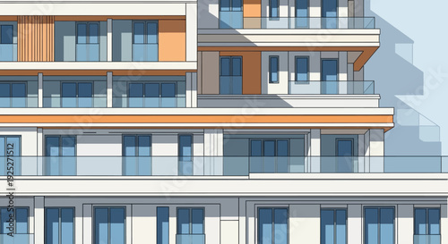 Modern apartment building with balconies and sleek design.