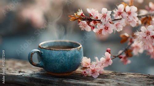 Cozy spring tea time setting features a blue ceramic cup on a rustic wooden ledge with blooming pink cherry blossoms arching over the scene.