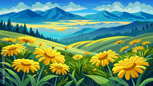 Very beautiful close-up yellow daisies covering fields near Shenandoah National Park with misty Blue Ridge Mountains rising softly.
