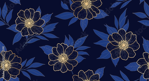 Elegant blue and gold floral pattern on dark background.