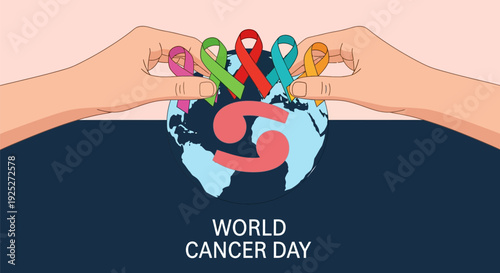 World Cancer Day Global Awareness Concept. Hands holding multicolored cancer ribbons over the Earth, symbolizing unity and support for the fight against cancer.