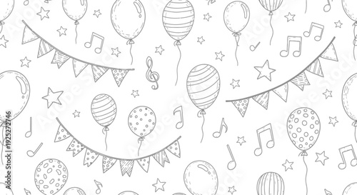 Black and white doodle pattern with balloons and festive decorations.