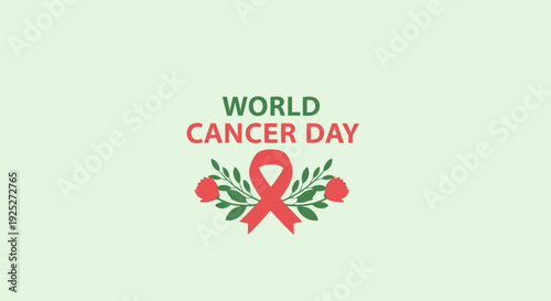 World Cancer Day Illustration. Red Ribbon, Flowers, and Foliage for Cancer Awareness, Support, and Global Health Campaign Poster Design.