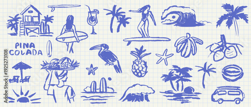 Hand drawn doodle beach surf vector illustration set. Tropical naive coastal elements, palm tree, waves, surfboards, woman surfer and sun for summer designs, t-shirts, posters, and placard prints.