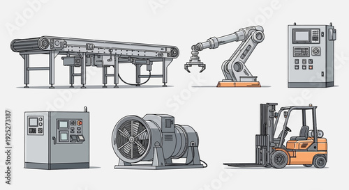 Industrial machinery and equipment including conveyor belt robotic arm control panel electrical cabinet industrial fan and forklift.