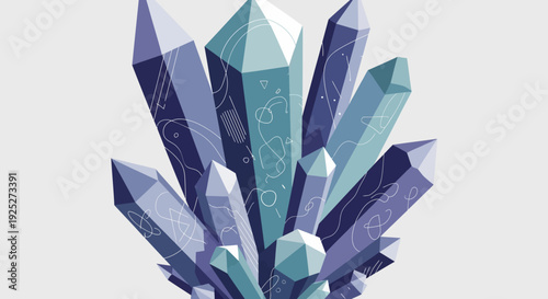 Majestic cluster of blue and purple faceted crystals and gemstones on a light grey background, evoking a mystical and magical aesthetic.