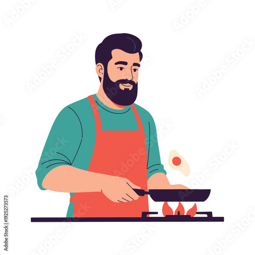 Bearded man cooking breakfast, frying an egg in a pan on a stove with flames