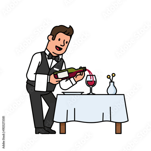 Waiter pouring red wine into glass at restaurant table, professional service