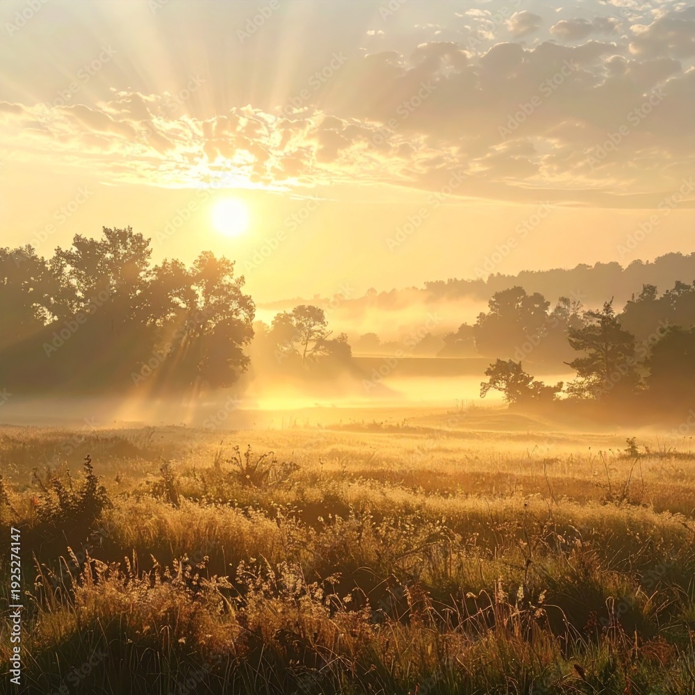 Fototapeta premium Golden Sunrise Over Misty Meadow with Trees Silhouetted Against Bright Morning Sky