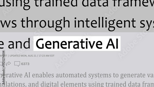 International news headlines about Generative AI and artificial intelligence technology, rotating news titles across media outlets, changing media landscape concept, seamless loop background.