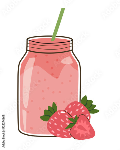 Strawberry smoothie in a glass jar, cartoon doodle vector illustration isolated on white. Fresh summer berry milk drink, sweet and healthy beverage.