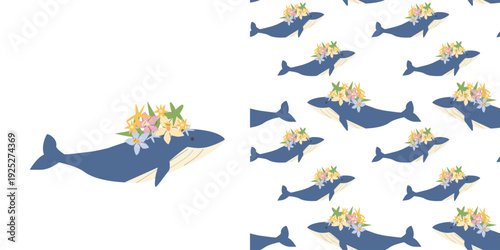Blue whale in flowers wreath and seamless floral pattern with cute character. Floral sea print for girly designs.
