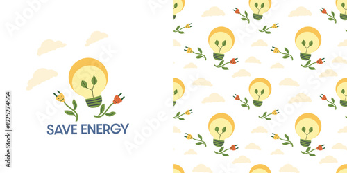 Energy save vector illustration concept with seamless pattern. Creative concept for kids designs. Eco lamp and eco flowers.