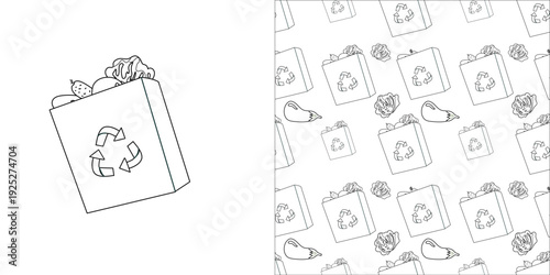 Outline black eco bag with supermarket produce and reusable sign. Sustainable shopping, reduce plastic and protect planet concept. Clean outline design vector illustration.
