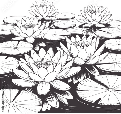 Black and white of blooming water lilies and lily pads flower