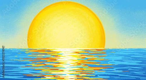 Vibrant sunset over calm ocean waters with bright yellow sun.