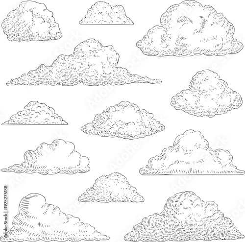 Collection of monochrome hand drawn cloud with varied textures weather nature