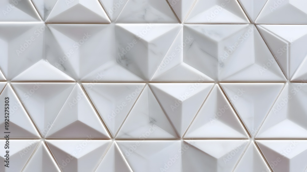 Obraz premium Close up of contemporary faceted geometric tiles in white with subtle marble veins offering a textured luxurious surface for interior design applications