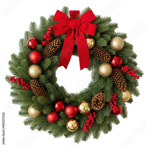 Christmas wreath with red bow, pinecones, and ornaments isolated on transparent background