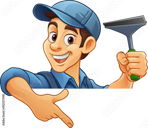 A window cleaner or car wash cartoon mascot man holding a cleaning squeegee peeking around a sign and pointing at it