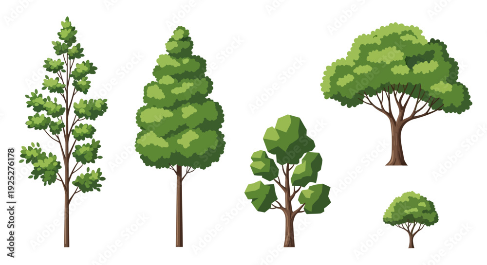 Fototapeta premium Diverse Green Trees Collection, Various Shapes and Sizes, Isolated on White Background