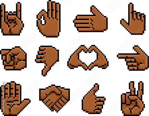 Retro vintage 8 bit icon set of pixel art hand gestures. Includes thumbs up down, peace, heart, point, OK, handshake, and more. Inclusive design, nostalgic style, ideal for digital or UI use.