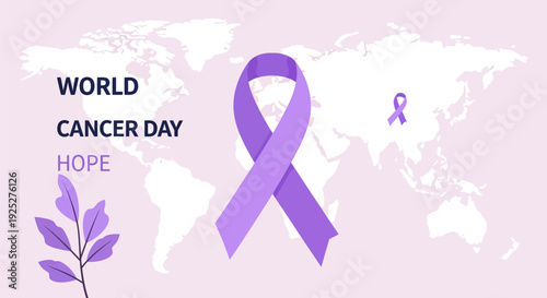 World Cancer Day: Global Awareness and Hope Banner with Purple Ribbon on World Map Background.