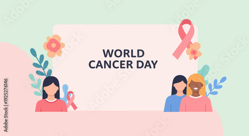 World Cancer Day Vector Illustration. Global Health Awareness Banner with Pink Ribbon and Diverse Women Supporting Survivors.