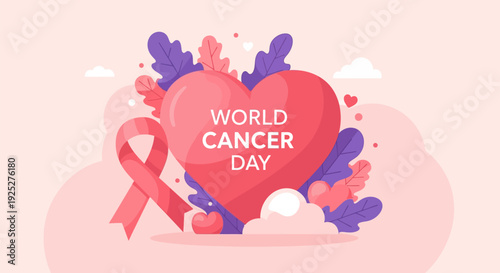 World Cancer Day concept vector illustration. Pink ribbon and heart symbol of cancer awareness, hope, and global health support.