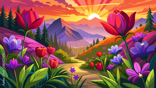 Very beautiful close-up red and purple wildflowers along Great Smoky Mountains trails under soft golden morning light.
