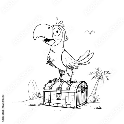 Colorful illustration of a happy parrot standing on a wooden treasure chest in a tropical island setting with palm trees and birds flying overhead