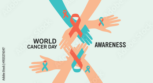 World Cancer Day Awareness Illustration. Hands Intertwined with Cancer Ribbons Symbolizing Global Solidarity, Support, and the Fight Against Disease.