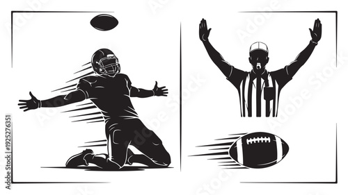 American Football Player and Referee in Dynamic Motion with Black Silhouette on White Background for Sports Illustration