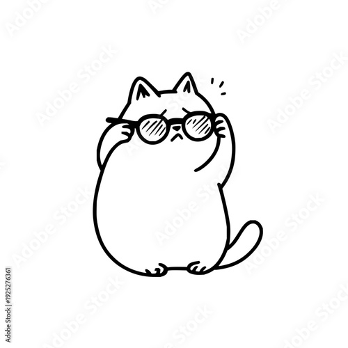 Cute cat wearing glasses with hands on face expressing surprise or shock in a simple line drawing style