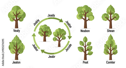 Tree Growth Cycle Diagram: From Seedling to Mature Tree with Leaf Variations