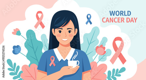 World Cancer Day Banner: Happy Woman Holding Coffee with Cancer Awareness Ribbons. Global Health, Hope, and Support Campaign Vector Illustration.