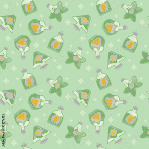 Magical wealth potion bottles seamless vector pattern